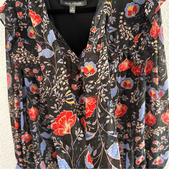 Romantic Floral Tie Neck Dress Black Sheer Sleeve Ruffle Boho - Size 14 - Picture 8 of 13